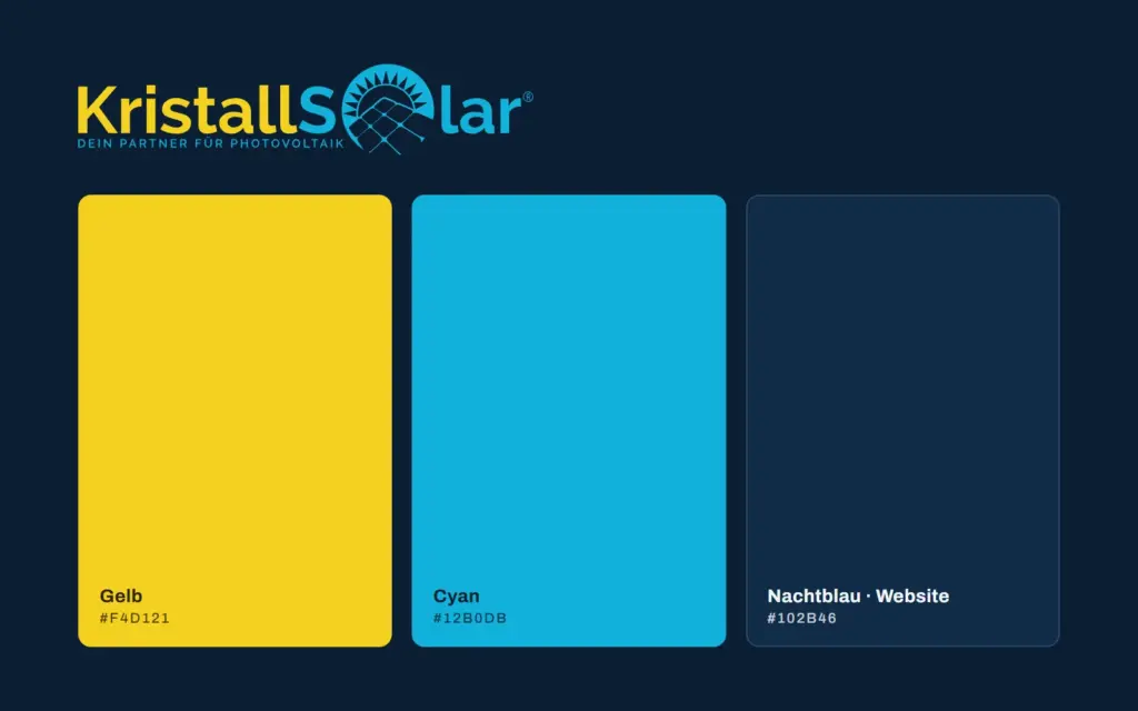 KristallSolar Logofarben: Gelb #F4D121, Cyan #12B0DB, Nachtblau #102B46