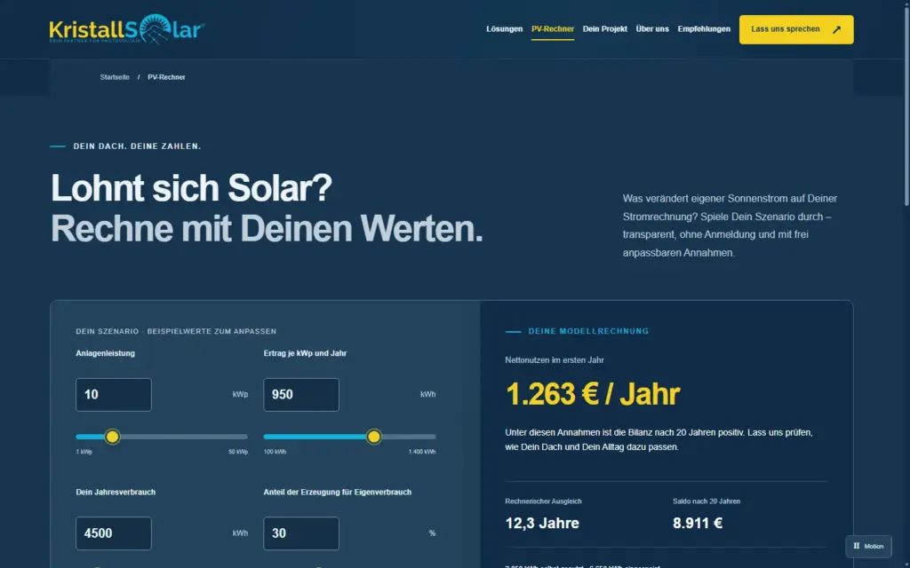 KristallSolar PV-Rechner mit eigenen Werten